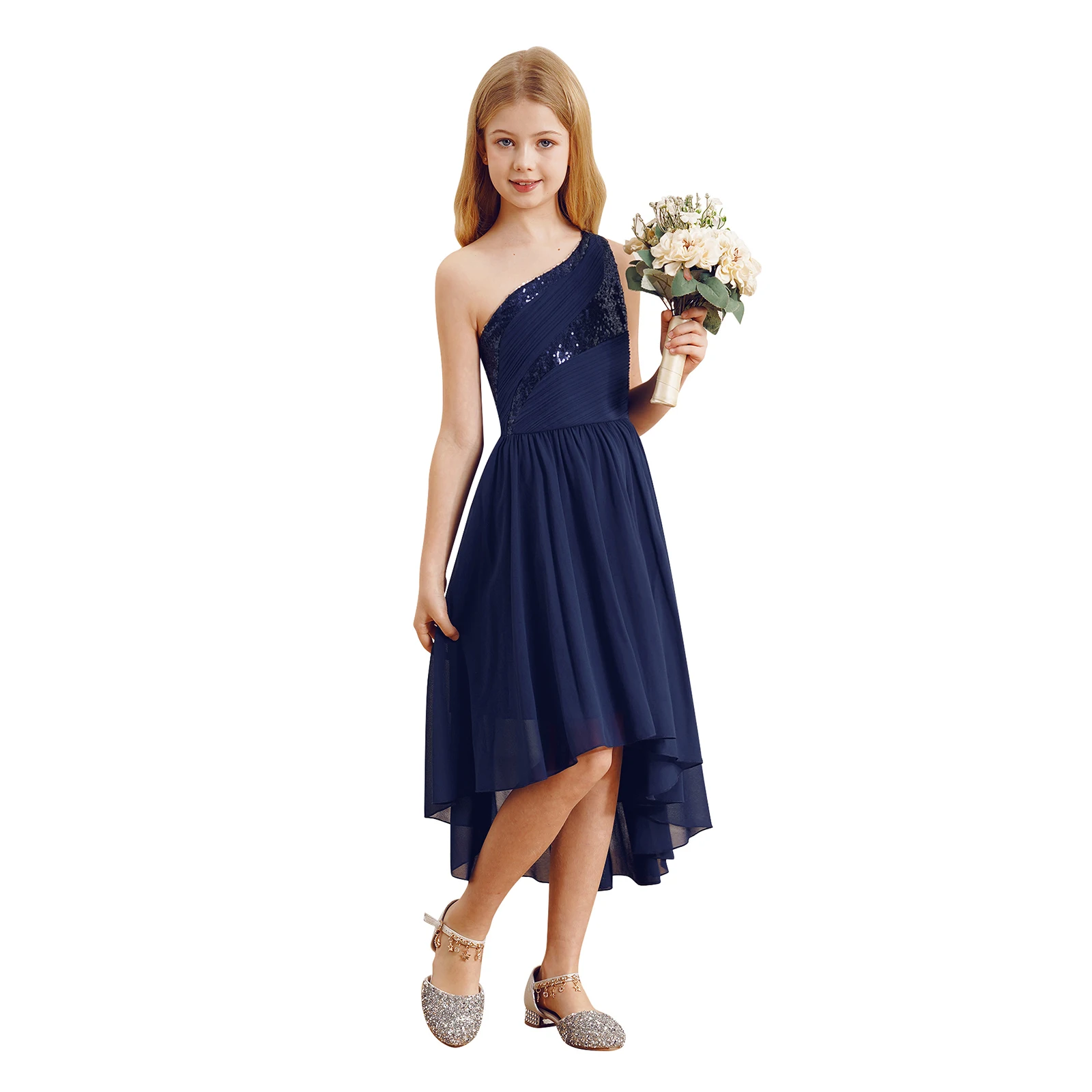 2026 Teens Girl's Dress for Wedding Party Sequin One Shoulder Princess Formal Gown for Holy Communion Chiffon Flower Girl Dress