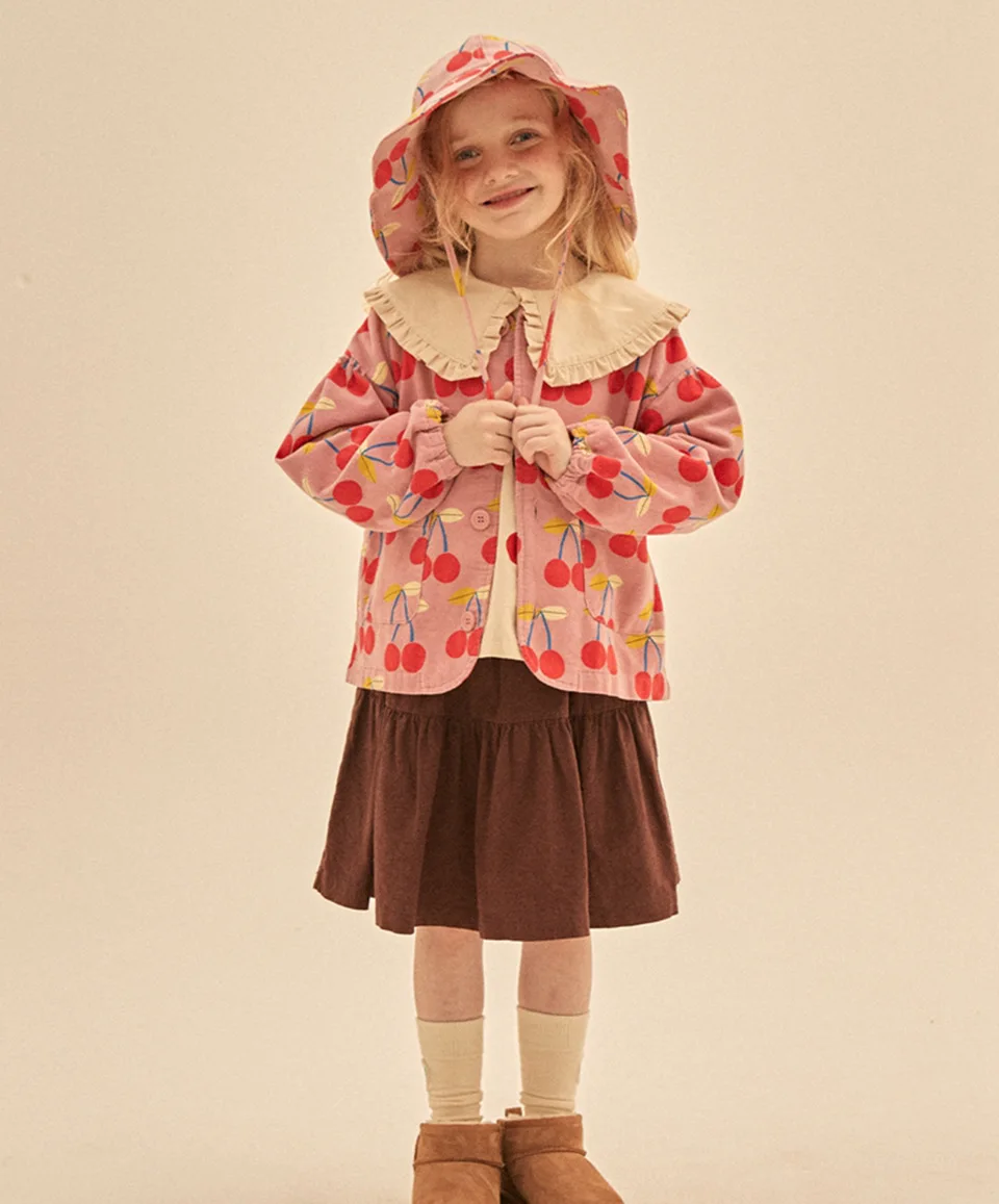 Autumn JM Children's Clothing Baby Girls Fur Collar Corduroy Jacket Pants Suits Kids Cherry Printed Coat Doll Neck T-shirt Skirt