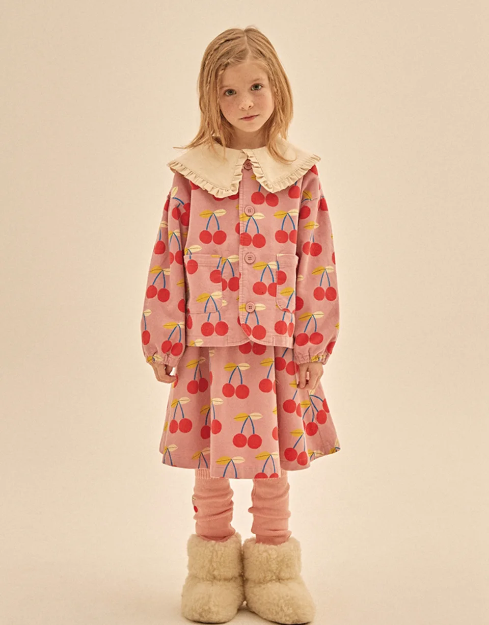 Autumn JM Children's Clothing Baby Girls Fur Collar Corduroy Jacket Pants Suits Kids Cherry Printed Coat Doll Neck T-shirt Skirt