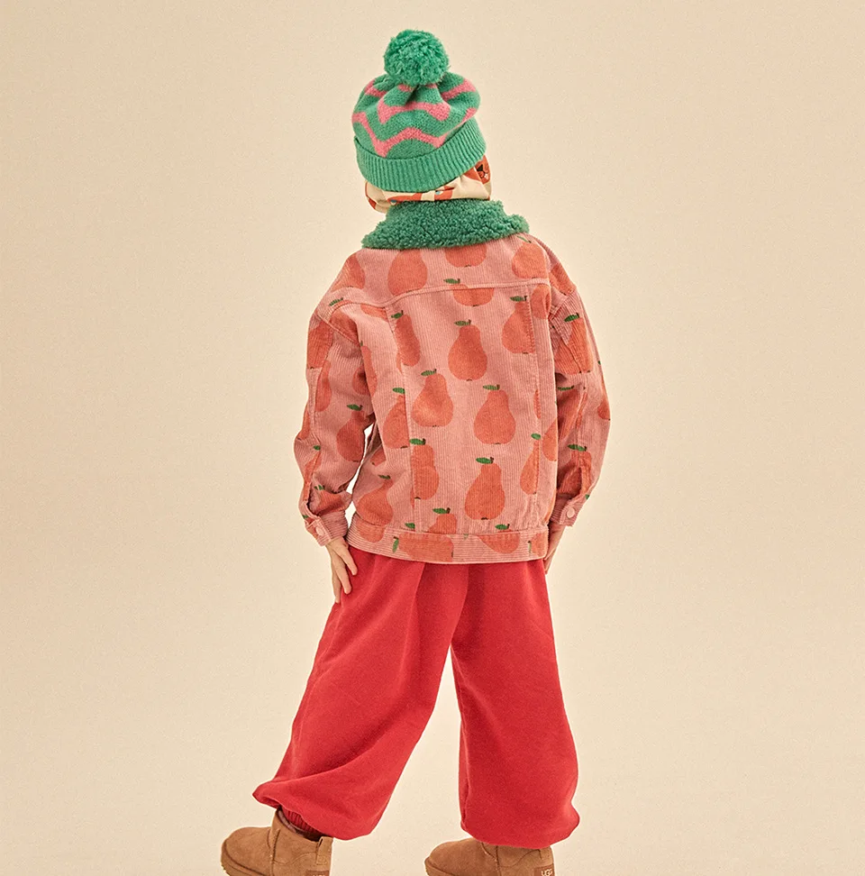 Autumn JM Children's Clothing Baby Girls Fur Collar Corduroy Jacket Pants Suits Kids Cherry Printed Coat Doll Neck T-shirt Skirt