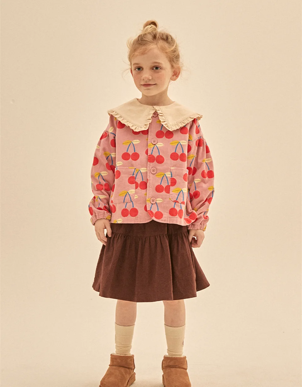Autumn JM Children's Clothing Baby Girls Fur Collar Corduroy Jacket Pants Suits Kids Cherry Printed Coat Doll Neck T-shirt Skirt