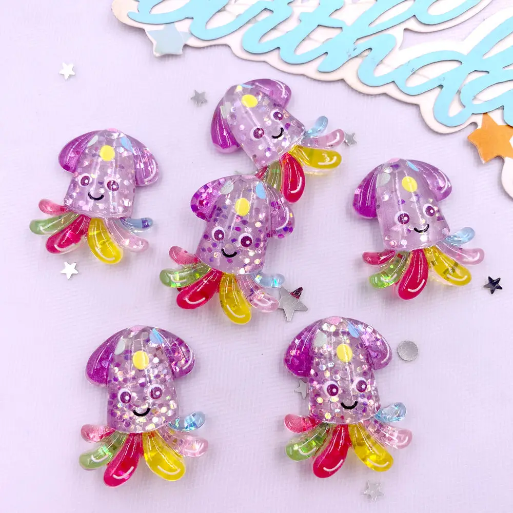 10pcs Glitter Colorful Resin Sea Star Crab Jellyfish Dolphin Ocean Animal Flatback Rhinestone Scrapbook DIY Figurine Decor Craft