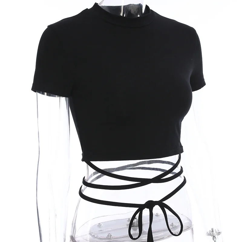 2025 Summer Women Black Short T-Shirts Sexy Crop Tops Short Sleeve Bandage Tee Tops Female Shirts