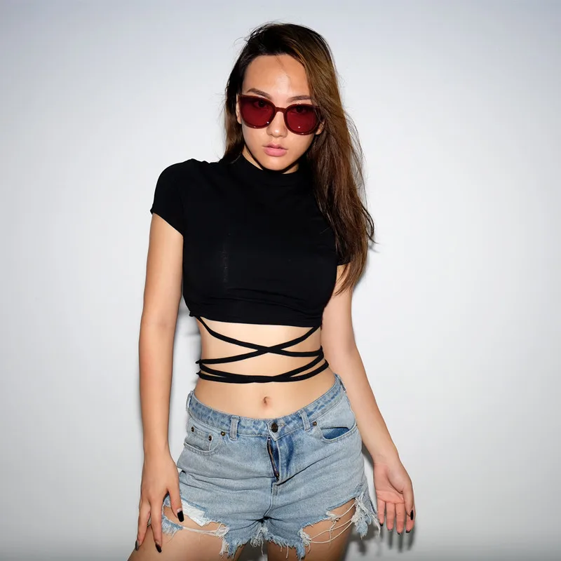 2025 Summer Women Black Short T-Shirts Sexy Crop Tops Short Sleeve Bandage Tee Tops Female Shirts