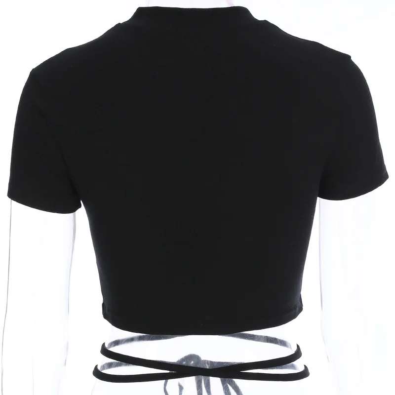 2025 Summer Women Black Short T-Shirts Sexy Crop Tops Short Sleeve Bandage Tee Tops Female Shirts