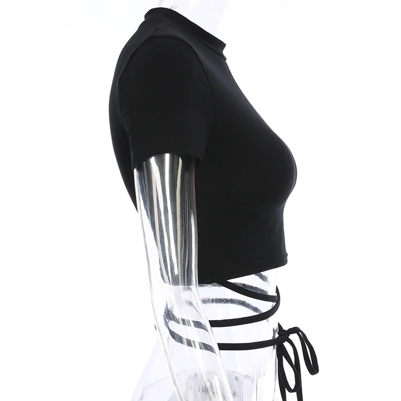 2025 Summer Women Black Short T-Shirts Sexy Crop Tops Short Sleeve Bandage Tee Tops Female Shirts