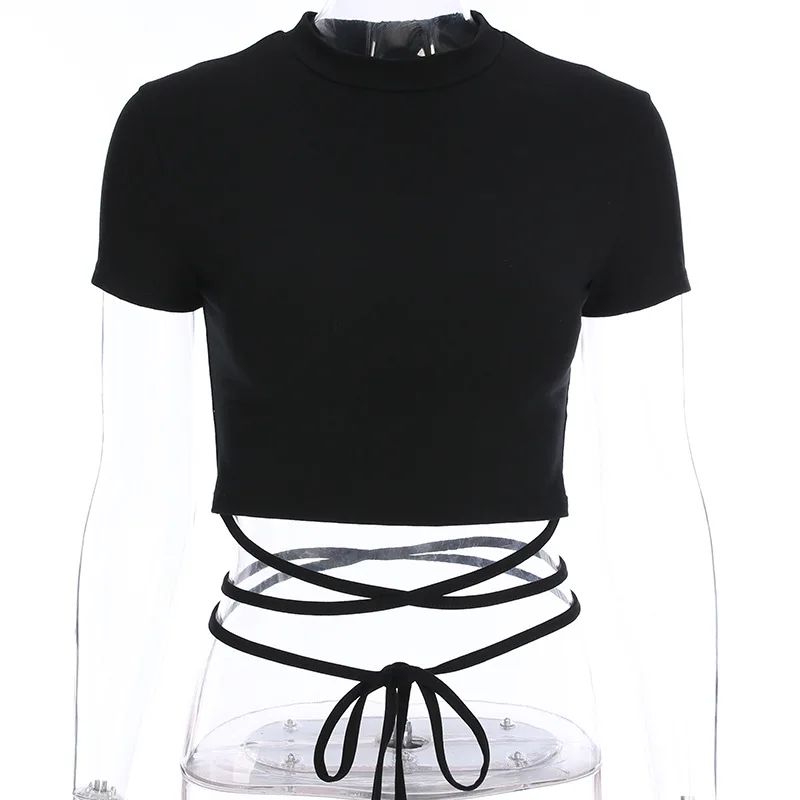 2025 Summer Women Black Short T-Shirts Sexy Crop Tops Short Sleeve Bandage Tee Tops Female Shirts