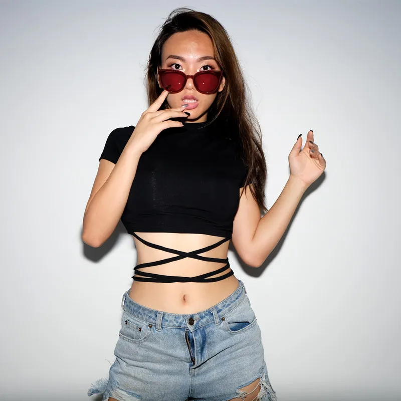 2025 Summer Women Black Short T-Shirts Sexy Crop Tops Short Sleeve Bandage Tee Tops Female Shirts