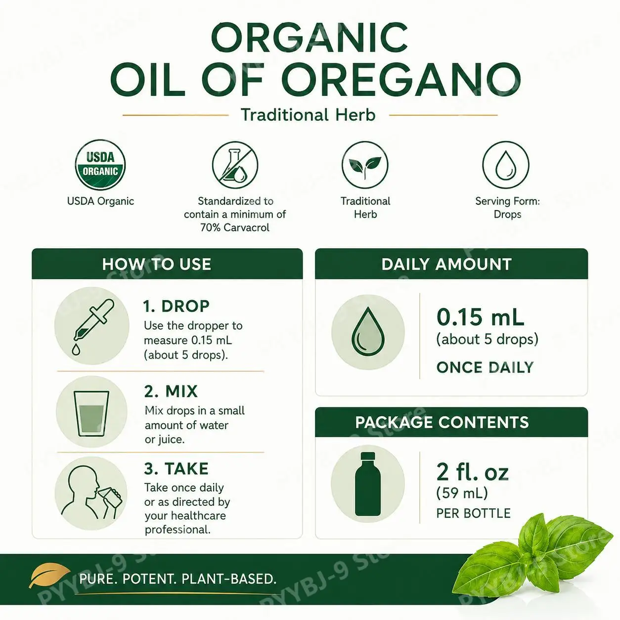 Organic Oil of Oregano Drops, Antioxidant and Anti-Inflammatory Support, USDA Organic, 70% Carvacrol, Non-GMO, 2 Fl Oz 59 ML