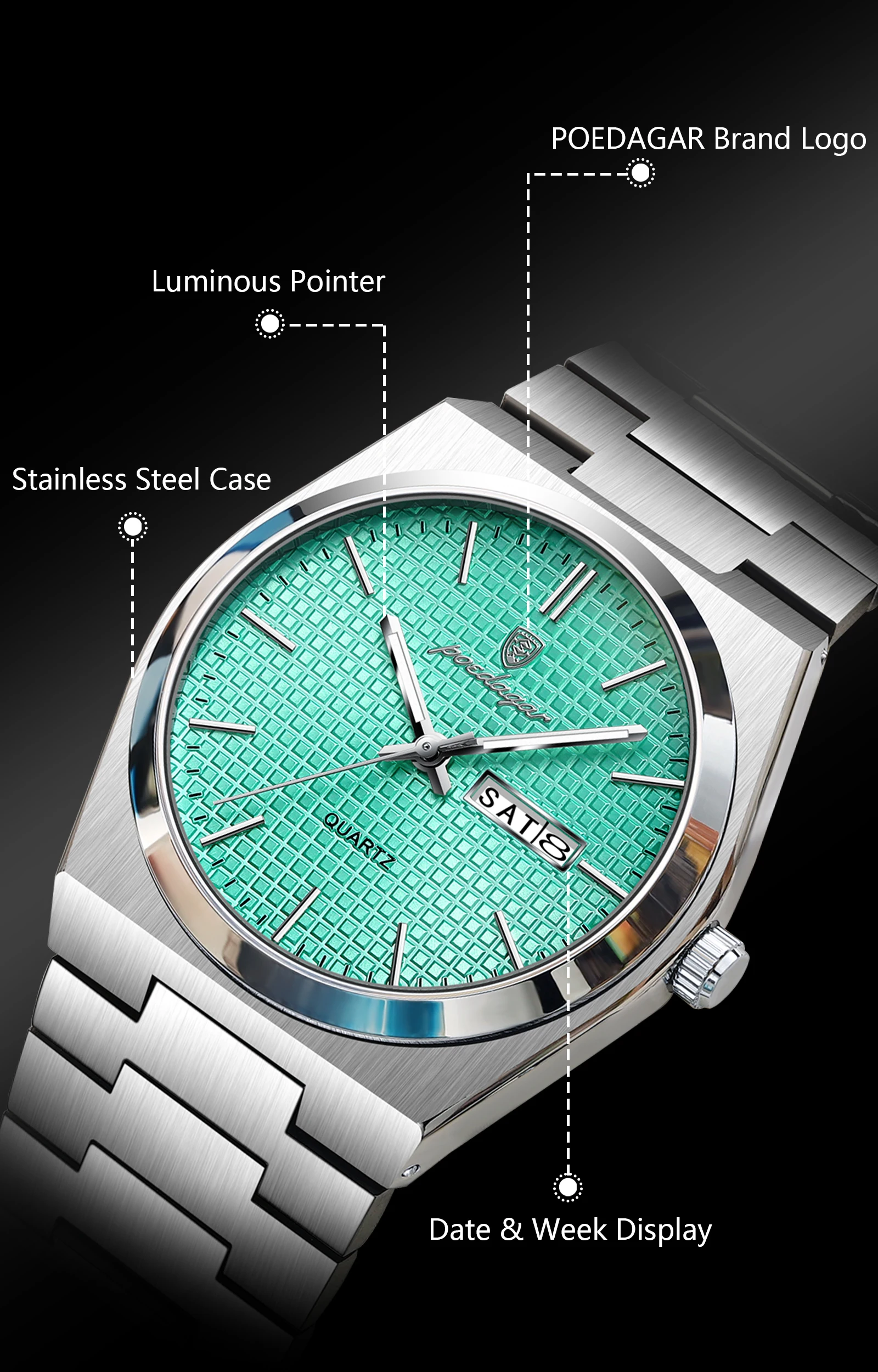 POEDAGAR Top Business Man Watch Luminous Waterproof Stainless Steel Men Wristwatch Date Week Quartz Fashion Casual Men's Watches