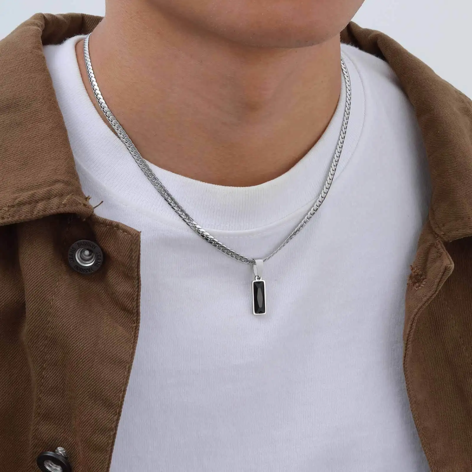 Stylish Mens Geometric Stone Pendent Necklaces,Stainless Steel Flat Cuban Chain Collars,Hip Hop Jewelry Gifts for Him Boys