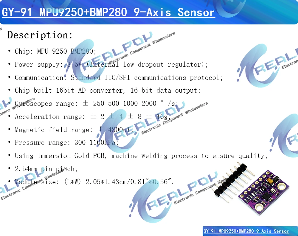 MPU-9250 MPU9250 BMP280 SPI IIC/I2C 10DOF Acceleration Gyroscope Compass 9-Axis Sensor Board Module GY-91 For Arduino 3-5V