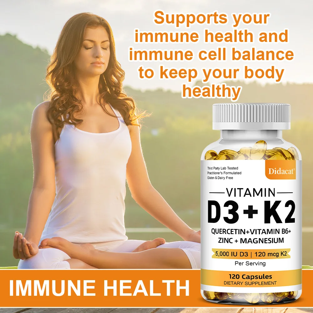 Vitamin D3 5000IU and 120 Mcg Vitamin K2 Capsules for Calcium Absorption, Bone Regeneration, Immune Support, Easy To Melt