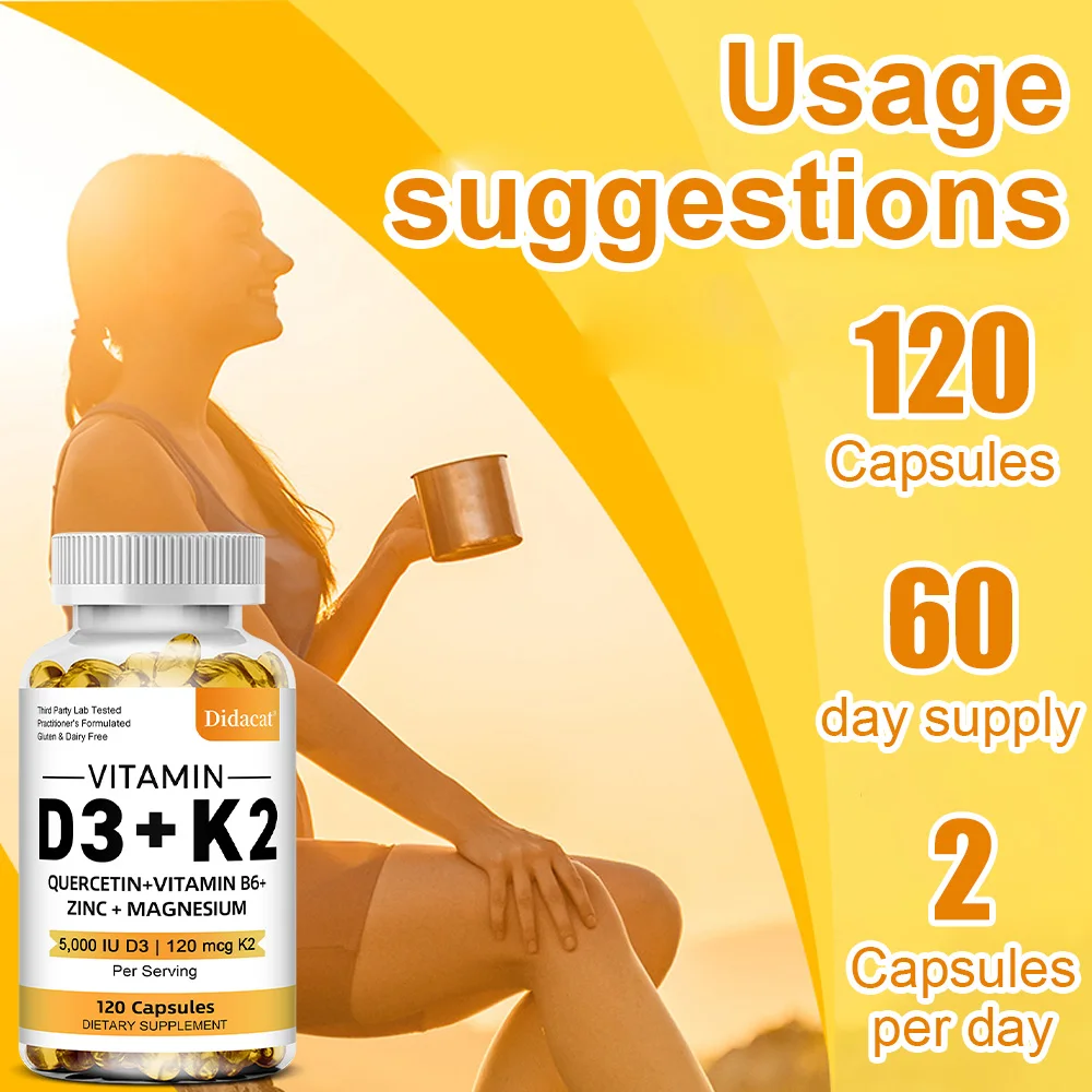 Vitamin D3 5000IU and 120 Mcg Vitamin K2 Capsules for Calcium Absorption, Bone Regeneration, Immune Support, Easy To Melt
