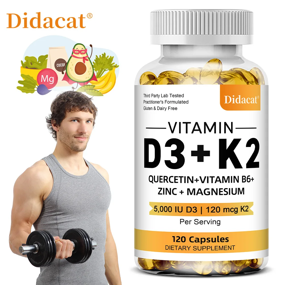 Vitamin D3 5000IU and 120 Mcg Vitamin K2 Capsules for Calcium Absorption, Bone Regeneration, Immune Support, Easy To Melt