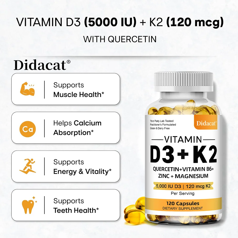 Vitamin D3 5000IU and 120 Mcg Vitamin K2 Capsules for Calcium Absorption, Bone Regeneration, Immune Support, Easy To Melt