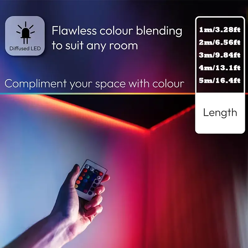 1 Roll of Low-Voltage 5V Flexible Rgb Color-Changing Neon Led Light Strip, USB Interface, with 24-Key Multi-Function Controller, Can Switch Light Colors and Adjust Light Brightness, Used for Gaming, Electric Car Decoration, House Bedroom Ceiling Wall DIY Decoration, Family Parties, Parent-Child Activities, Holiday Atmosphere, Music Stage, Ktv, and Other Decorations