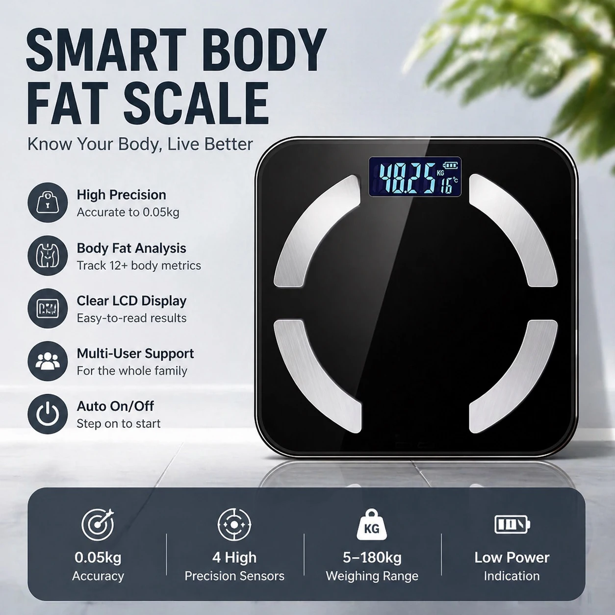 Intelligent Weight Scale, Body Fat Scale, Digital Bathroom Scale, Connected to App to Measure 17 Data Items, Supports 8 Members