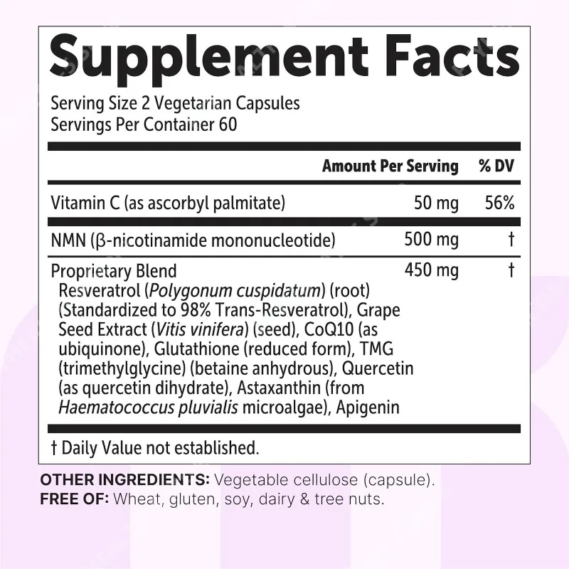 NMN Capsules 1000mg Per Serving with Resveratrol CoQ10 Vitamin C Vegan Formula Daily Wellness Supplement Clean Ingredients 120Ct