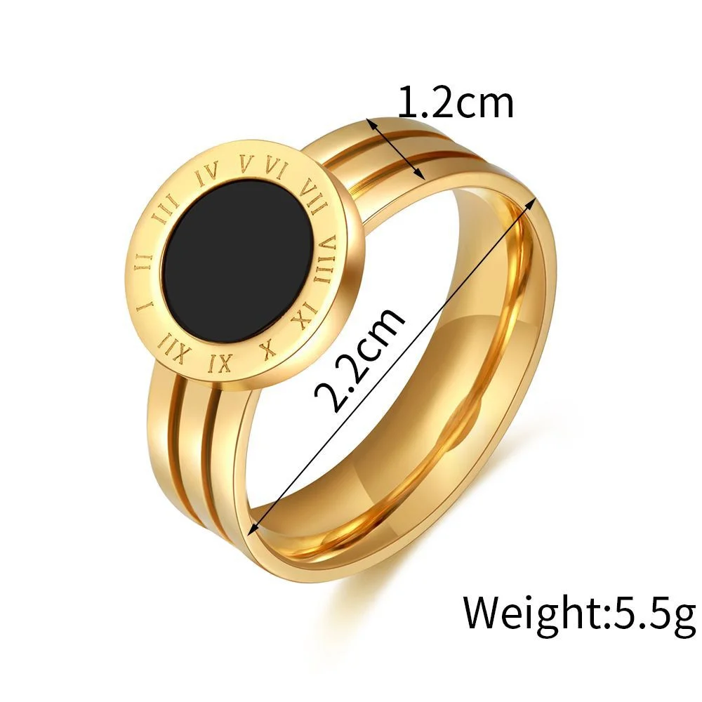 Retro Gold Color Stainless Steel Ring For Women Round Black Acrylic Roman Numerals Men Ring Trendy Jewelry Fashion Accessories