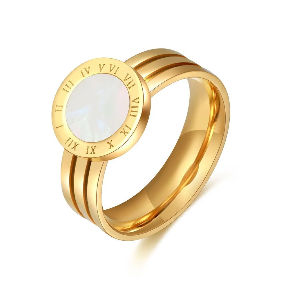 Retro Gold Color Stainless Steel Ring For Women Round Black Acrylic Roman Numerals Men Ring Trendy Jewelry Fashion Accessories