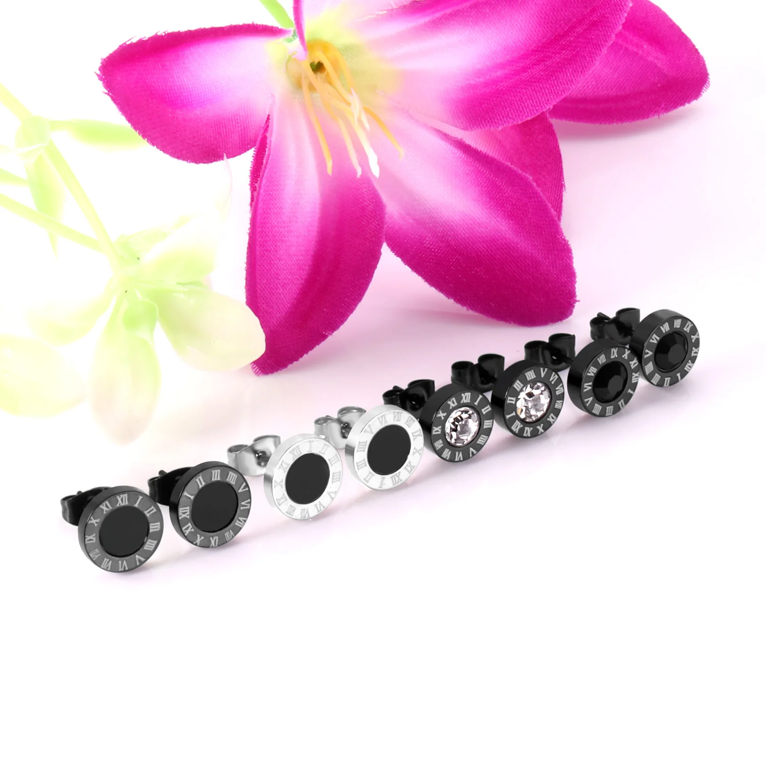 Fashion Stainless Steel Cubic Zirconia Stud Earrings Female Male Jewelry Punk Roman Numeral Black Color Piercing Aretes Hombre