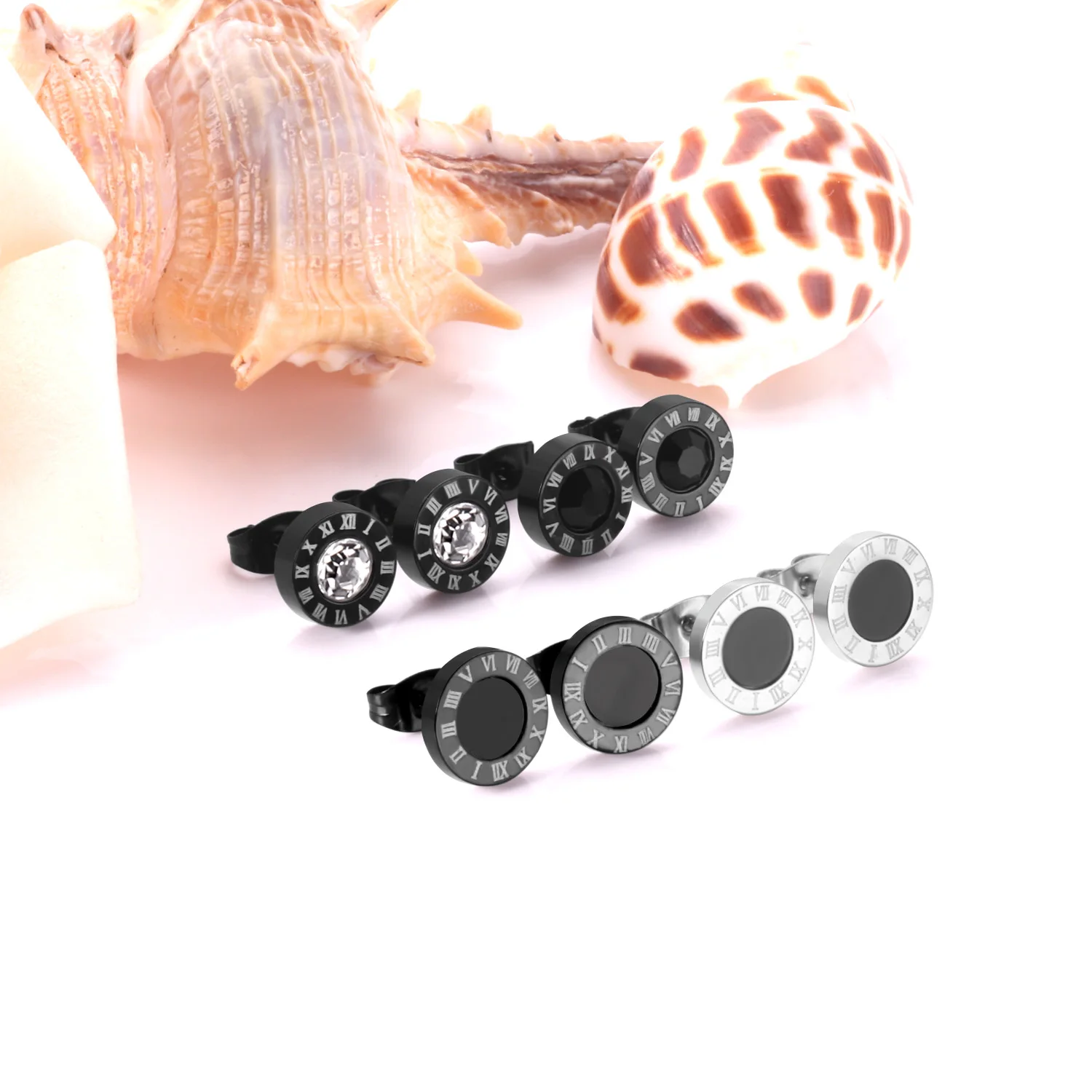 Fashion Stainless Steel Cubic Zirconia Stud Earrings Female Male Jewelry Punk Roman Numeral Black Color Piercing Aretes Hombre