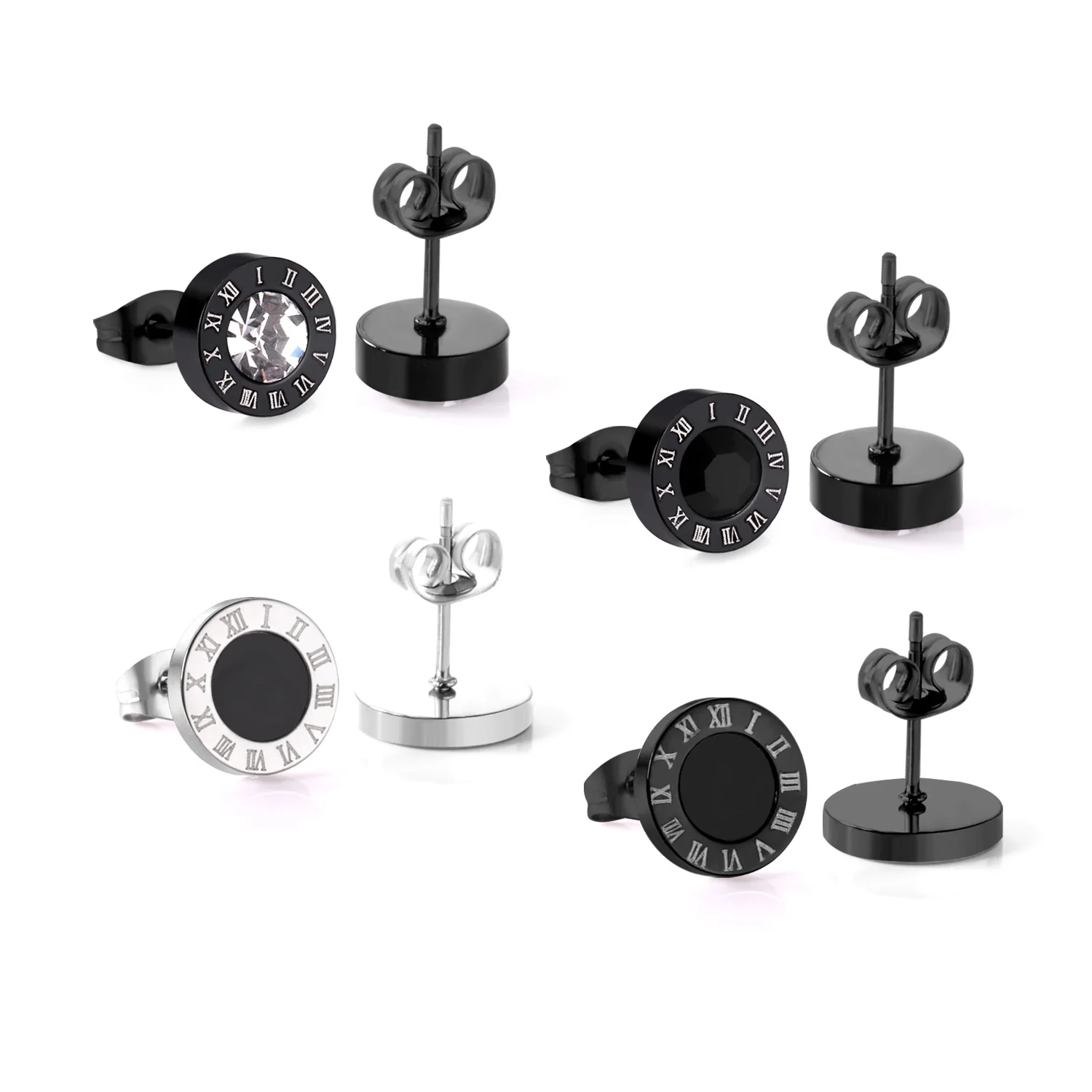 Fashion Stainless Steel Cubic Zirconia Stud Earrings Female Male Jewelry Punk Roman Numeral Black Color Piercing Aretes Hombre