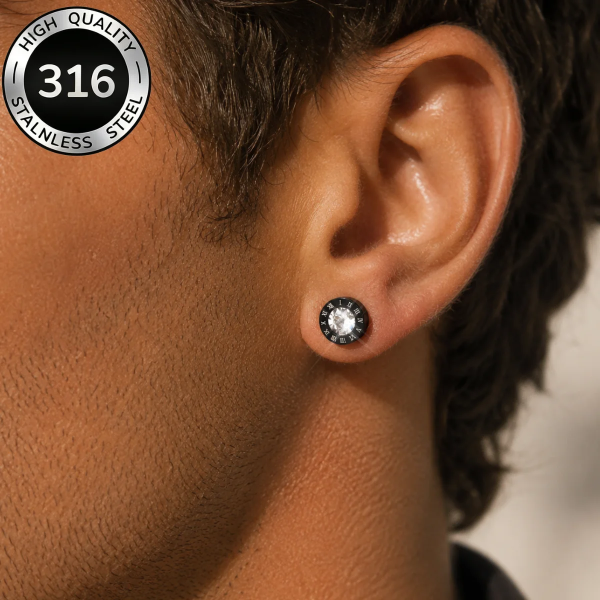 Fashion Stainless Steel Cubic Zirconia Stud Earrings Female Male Jewelry Punk Roman Numeral Black Color Piercing Aretes Hombre