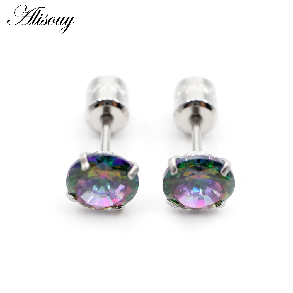 Alisouy 2PCS Surgical Stainless Steel 4 Prong Double Zircon CZ Women Men Girl Ear Stud Cartilage Screw Earrings Piercing Jewelry