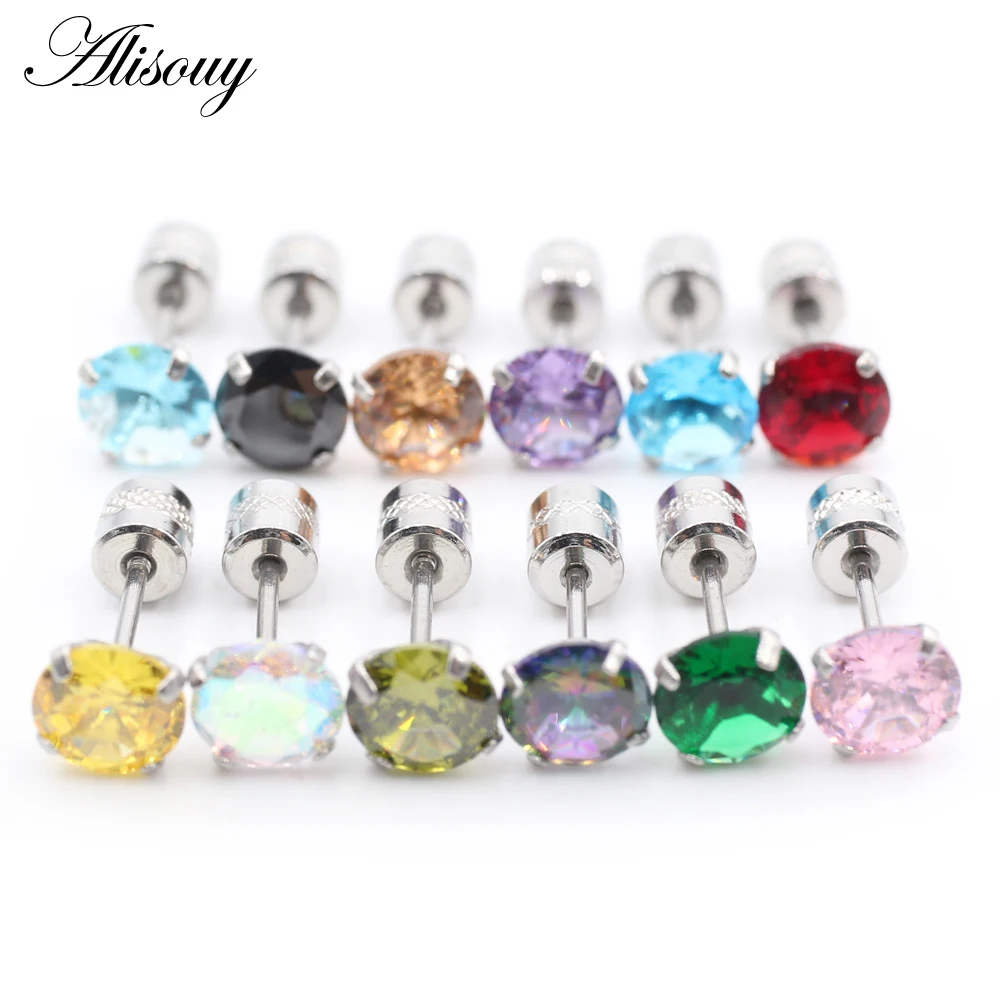 Alisouy 2PCS Surgical Stainless Steel 4 Prong Double Zircon CZ Women Men Girl Ear Stud Cartilage Screw Earrings Piercing Jewelry