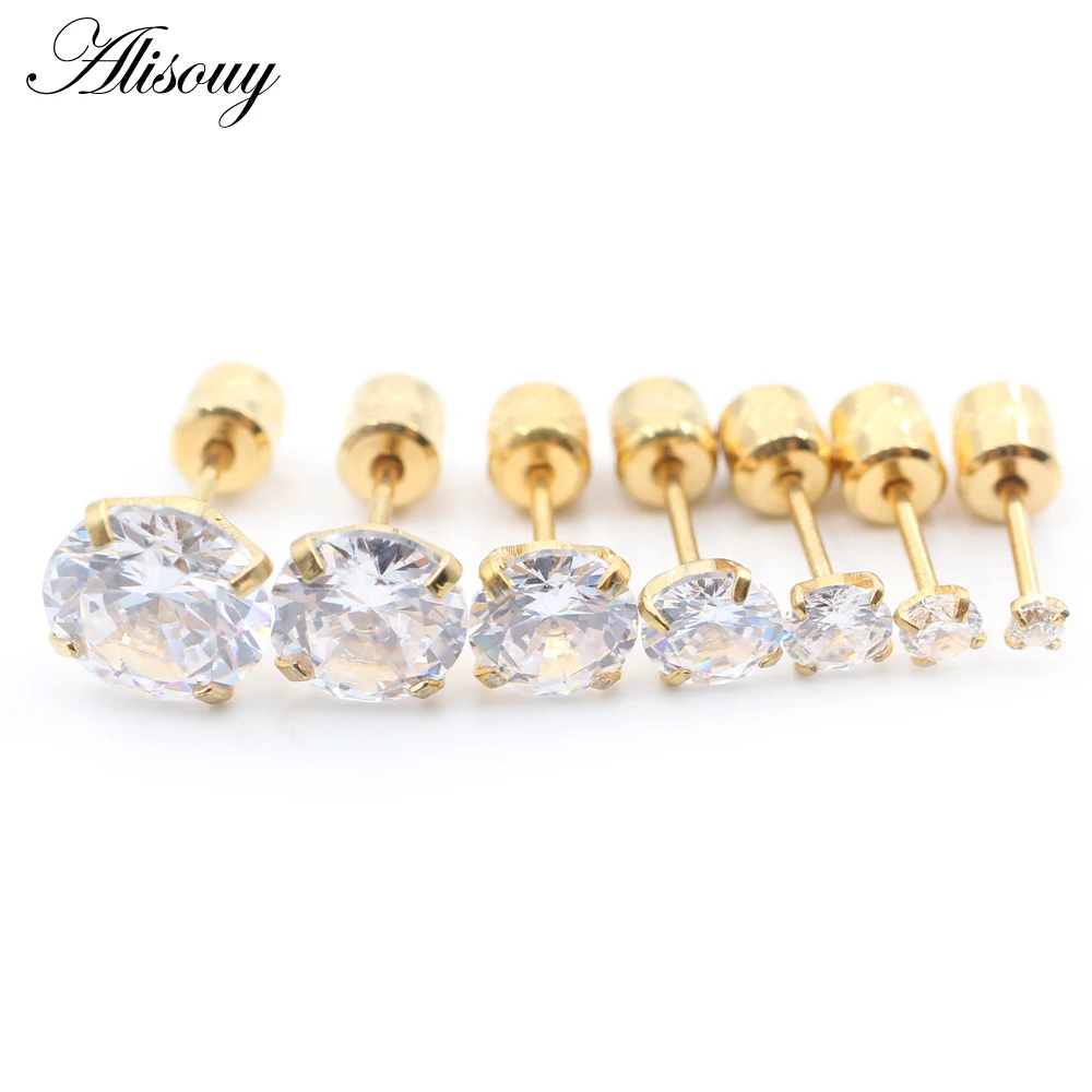 Alisouy 2PCS Surgical Stainless Steel 4 Prong Double Zircon CZ Women Men Girl Ear Stud Cartilage Screw Earrings Piercing Jewelry