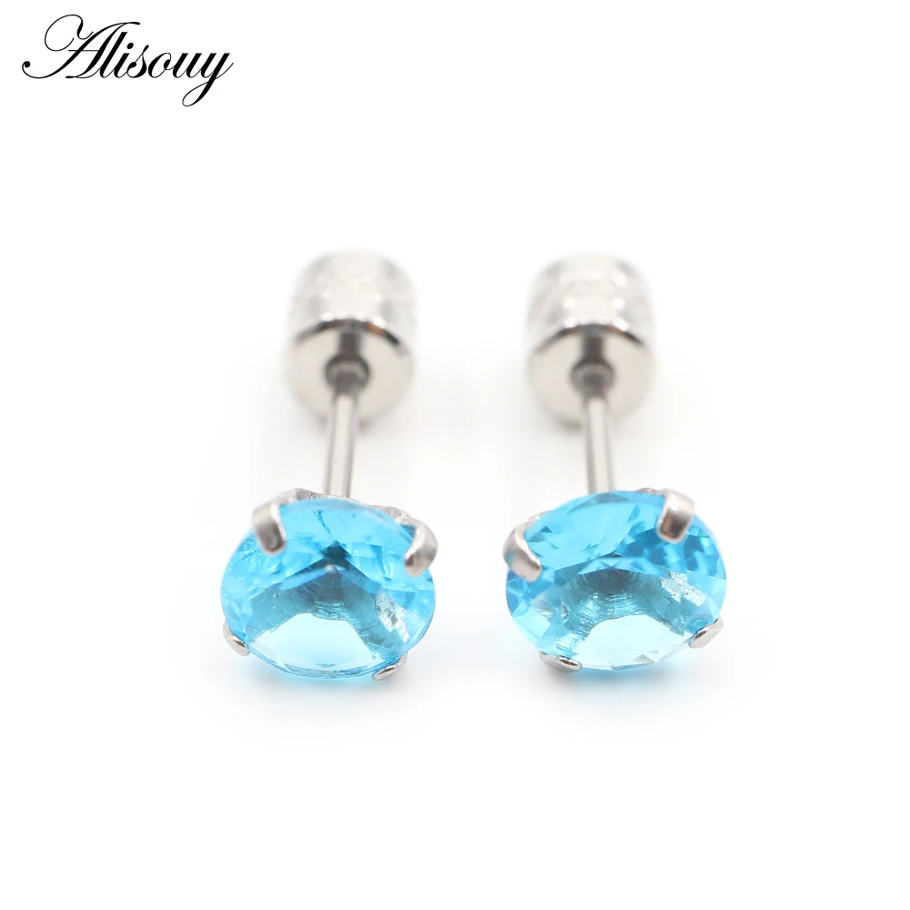Alisouy 2PCS Surgical Stainless Steel 4 Prong Double Zircon CZ Women Men Girl Ear Stud Cartilage Screw Earrings Piercing Jewelry
