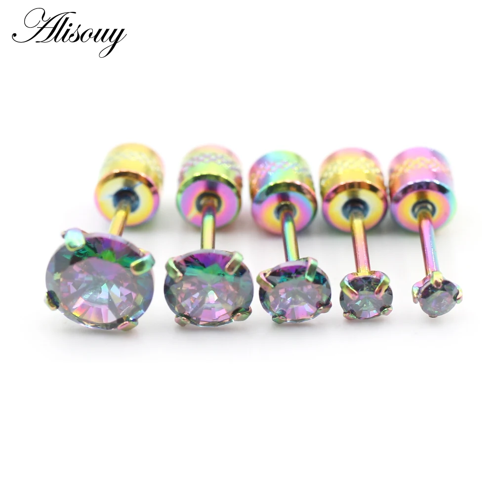 Alisouy 2PCS Surgical Stainless Steel 4 Prong Double Zircon CZ Women Men Girl Ear Stud Cartilage Screw Earrings Piercing Jewelry