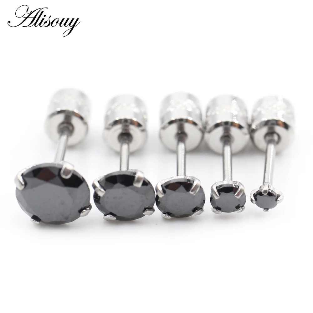 Alisouy 2PCS Surgical Stainless Steel 4 Prong Double Zircon CZ Women Men Girl Ear Stud Cartilage Screw Earrings Piercing Jewelry