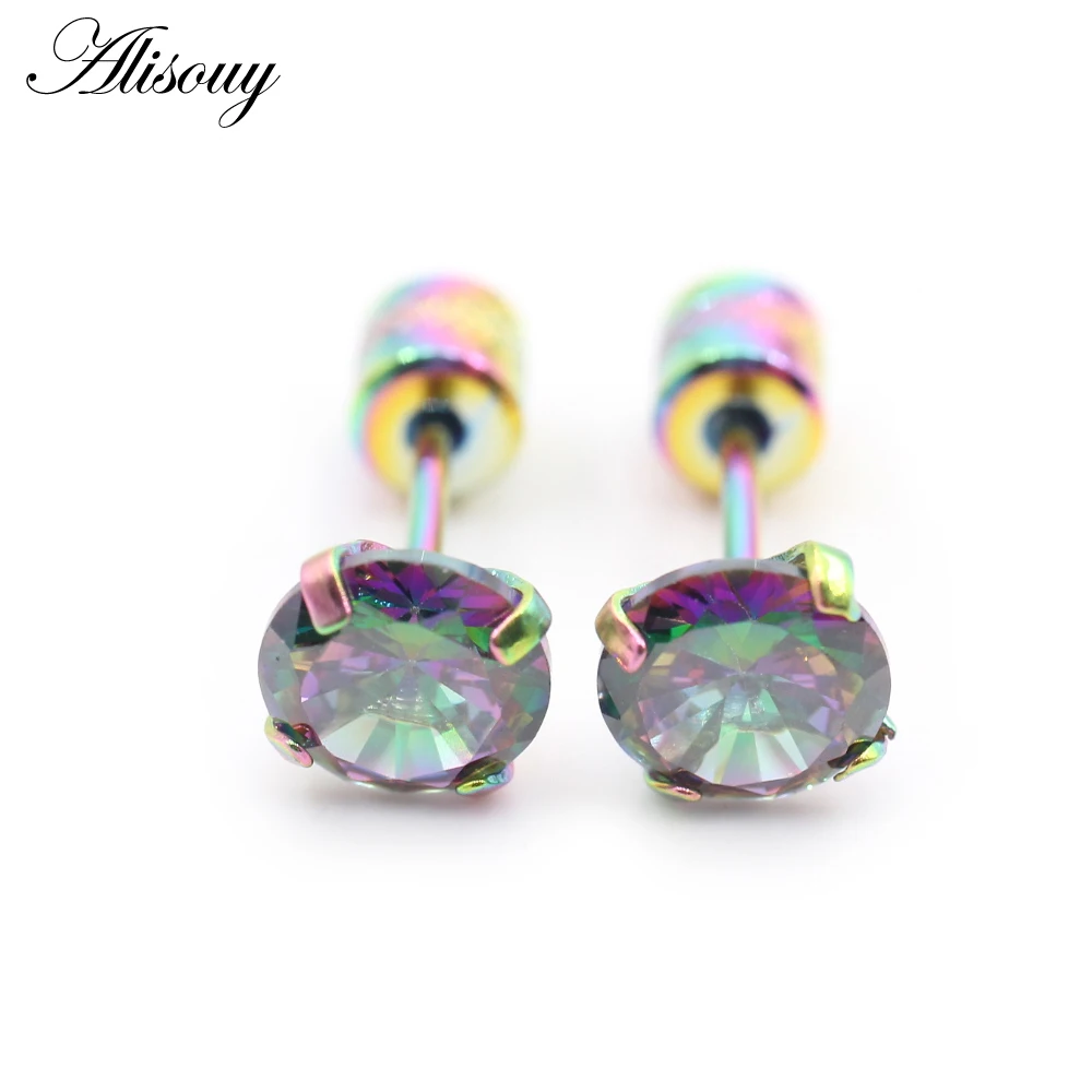 Alisouy 2PCS Surgical Stainless Steel 4 Prong Double Zircon CZ Women Men Girl Ear Stud Cartilage Screw Earrings Piercing Jewelry