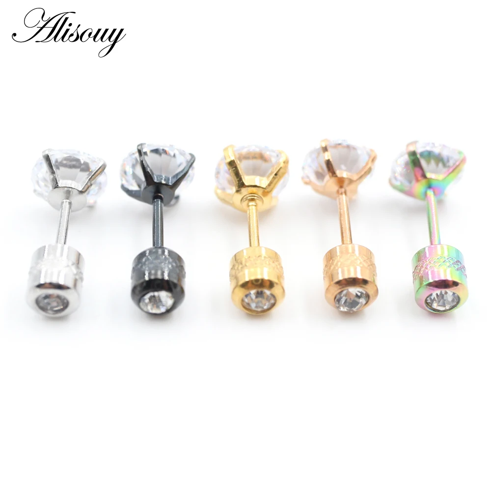 Alisouy 2PCS Surgical Stainless Steel 4 Prong Double Zircon CZ Women Men Girl Ear Stud Cartilage Screw Earrings Piercing Jewelry