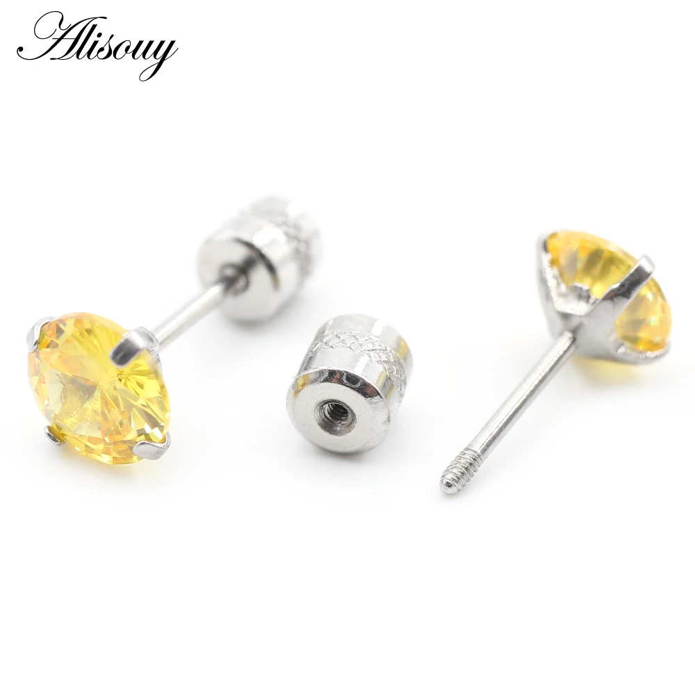 Alisouy 2PCS Surgical Stainless Steel 4 Prong Double Zircon CZ Women Men Girl Ear Stud Cartilage Screw Earrings Piercing Jewelry
