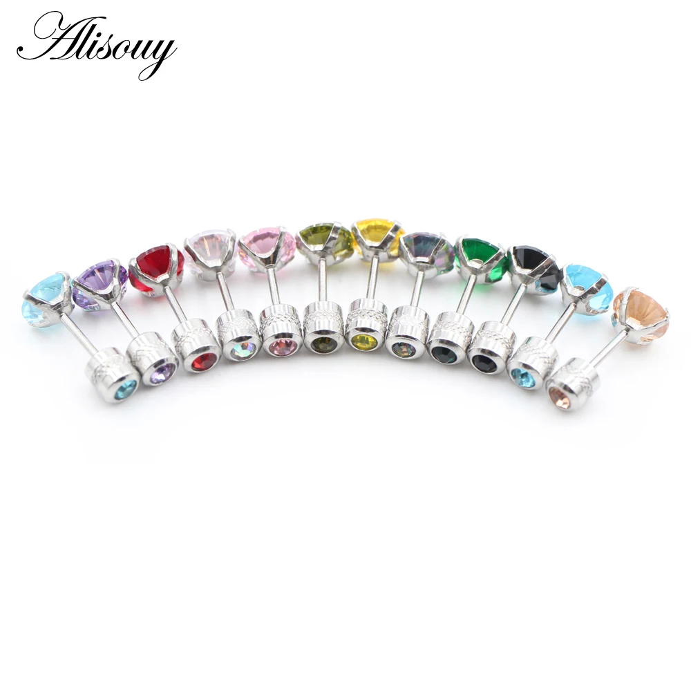 Alisouy 2PCS Surgical Stainless Steel 4 Prong Double Zircon CZ Women Men Girl Ear Stud Cartilage Screw Earrings Piercing Jewelry