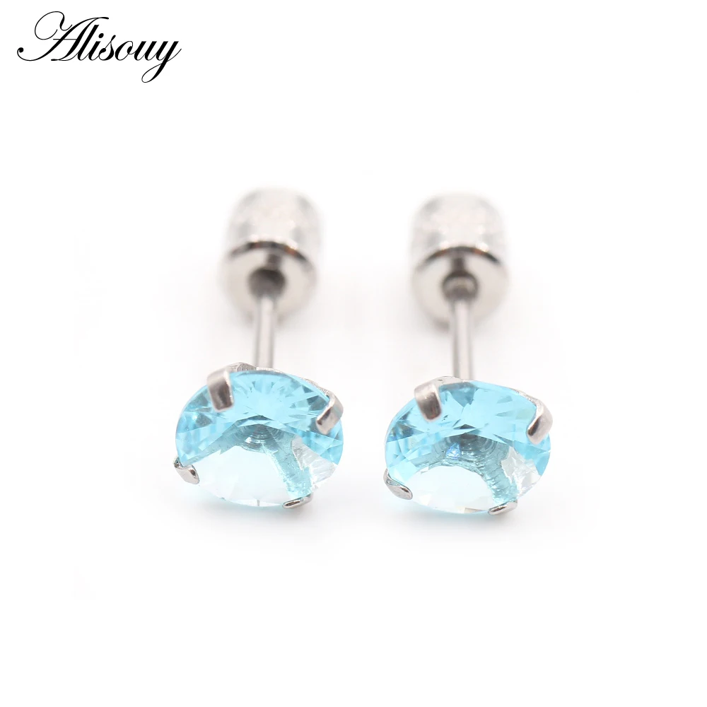 Alisouy 2PCS Surgical Stainless Steel 4 Prong Double Zircon CZ Women Men Girl Ear Stud Cartilage Screw Earrings Piercing Jewelry