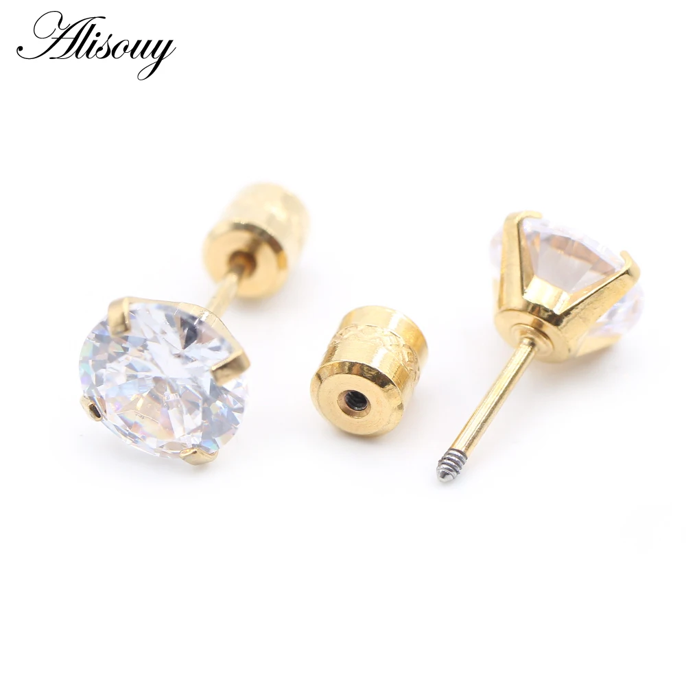 Alisouy 2PCS Surgical Stainless Steel 4 Prong Double Zircon CZ Women Men Girl Ear Stud Cartilage Screw Earrings Piercing Jewelry