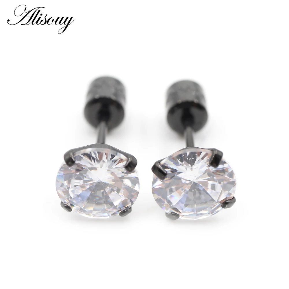 Alisouy 2PCS Surgical Stainless Steel 4 Prong Double Zircon CZ Women Men Girl Ear Stud Cartilage Screw Earrings Piercing Jewelry