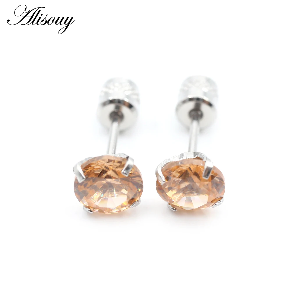 Alisouy 2PCS Surgical Stainless Steel 4 Prong Double Zircon CZ Women Men Girl Ear Stud Cartilage Screw Earrings Piercing Jewelry