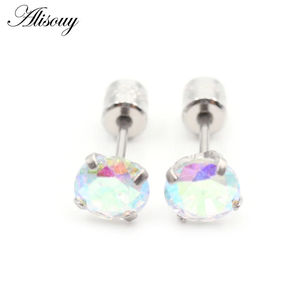 Alisouy 2PCS Surgical Stainless Steel 4 Prong Double Zircon CZ Women Men Girl Ear Stud Cartilage Screw Earrings Piercing Jewelry