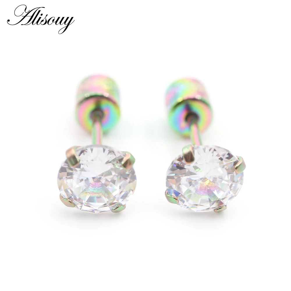 Alisouy 2PCS Surgical Stainless Steel 4 Prong Double Zircon CZ Women Men Girl Ear Stud Cartilage Screw Earrings Piercing Jewelry