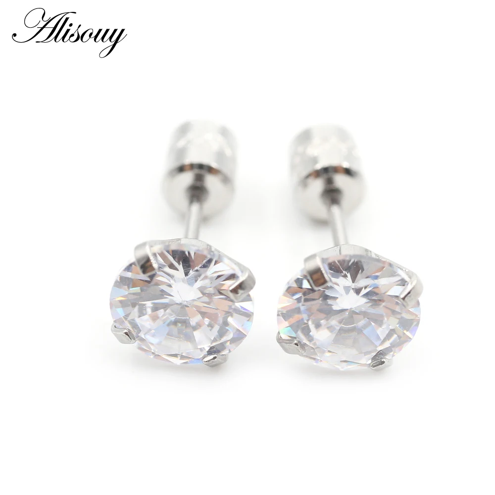 Alisouy 2PCS Surgical Stainless Steel 4 Prong Double Zircon CZ Women Men Girl Ear Stud Cartilage Screw Earrings Piercing Jewelry