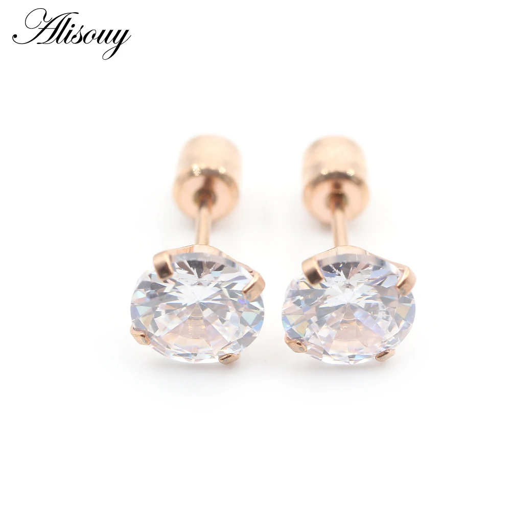 Alisouy 2PCS Surgical Stainless Steel 4 Prong Double Zircon CZ Women Men Girl Ear Stud Cartilage Screw Earrings Piercing Jewelry