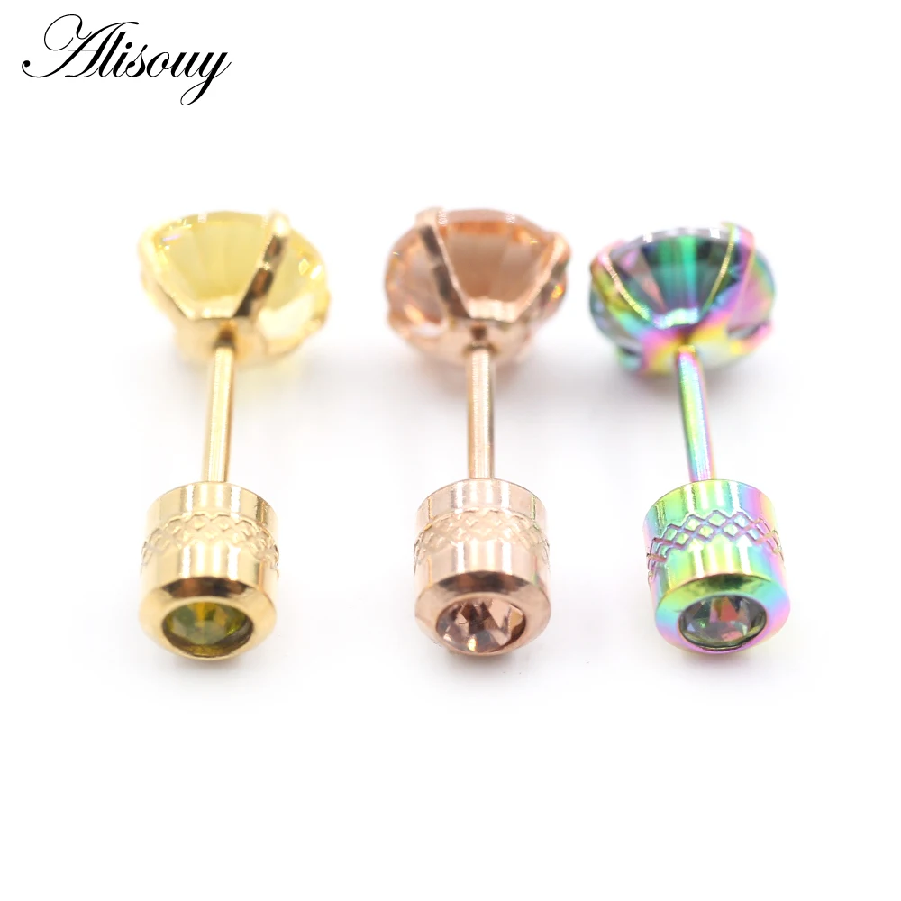 Alisouy 2PCS Surgical Stainless Steel 4 Prong Double Zircon CZ Women Men Girl Ear Stud Cartilage Screw Earrings Piercing Jewelry