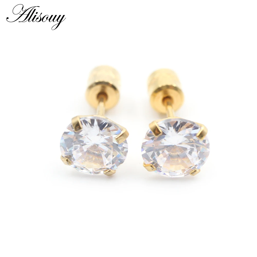 Alisouy 2PCS Surgical Stainless Steel 4 Prong Double Zircon CZ Women Men Girl Ear Stud Cartilage Screw Earrings Piercing Jewelry