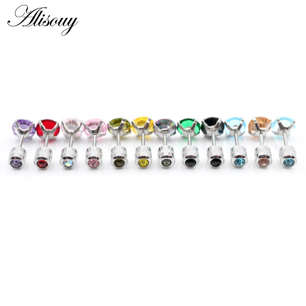 Alisouy 2PCS Surgical Stainless Steel 4 Prong Double Zircon CZ Women Men Girl Ear Stud Cartilage Screw Earrings Piercing Jewelry